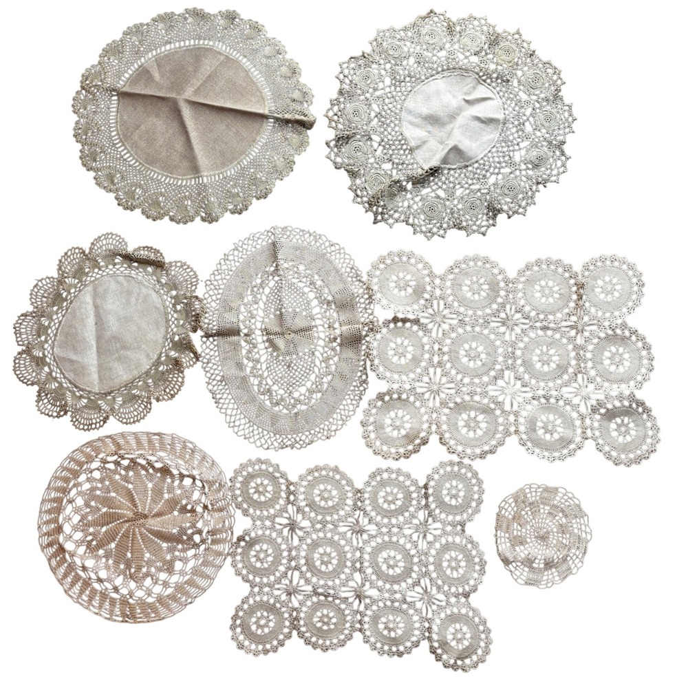 Vintage Handmade Crochet Lace Doily Lot 8pc Mixed Shapes Beige Cream Shabby Chic